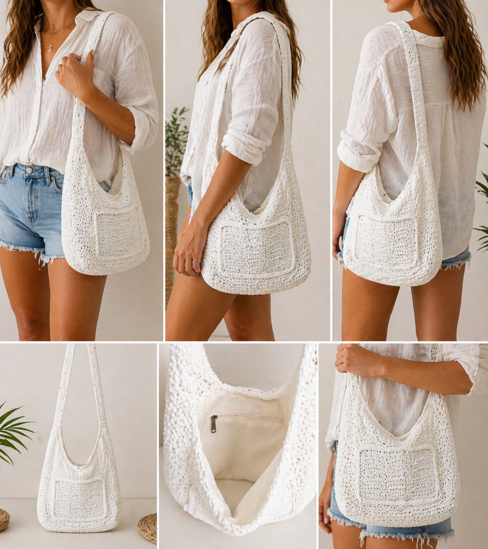 White Crochet Hobo Shoulder Bag Boho Knit Tote Zipper & Side Closure Beachy